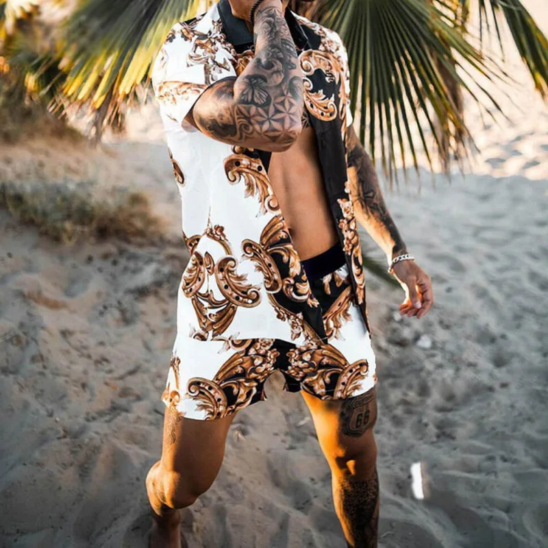 

2pcs Men's Beach Shirt Set Fashion Hawaiian Print Short Sleeve Shirt Set Summer Casual Daily Men Clothes
