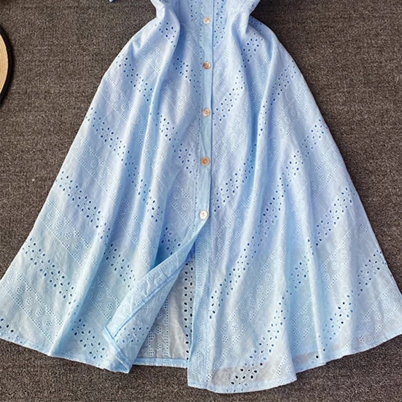 

Aibeautyer New Summer Solid Sexy Casual Dress Single Breasted A Line V Neck Hollow Out Lantern Sleeve Women Dresses