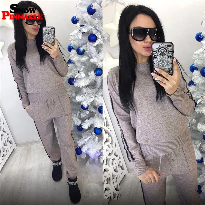 Вязаный свитер таможенные костюмы Новые пуловеры с круглым вырезом+ длинные штаны толстые теплые женские комплекты Повседневное свитер