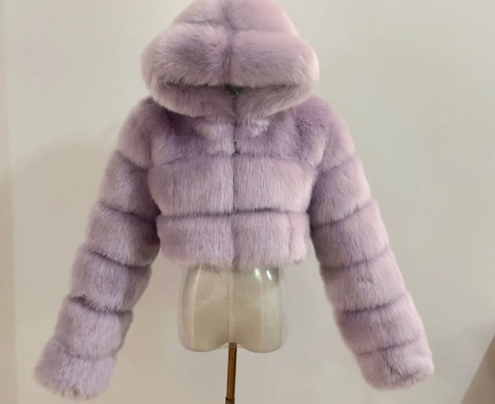 Winter Women Hooded Faux Fur Crop Jacket Coats Furry Cropped Teddy Coats Manteau Jackets Fluffy Solid Top Coat  S-8XL