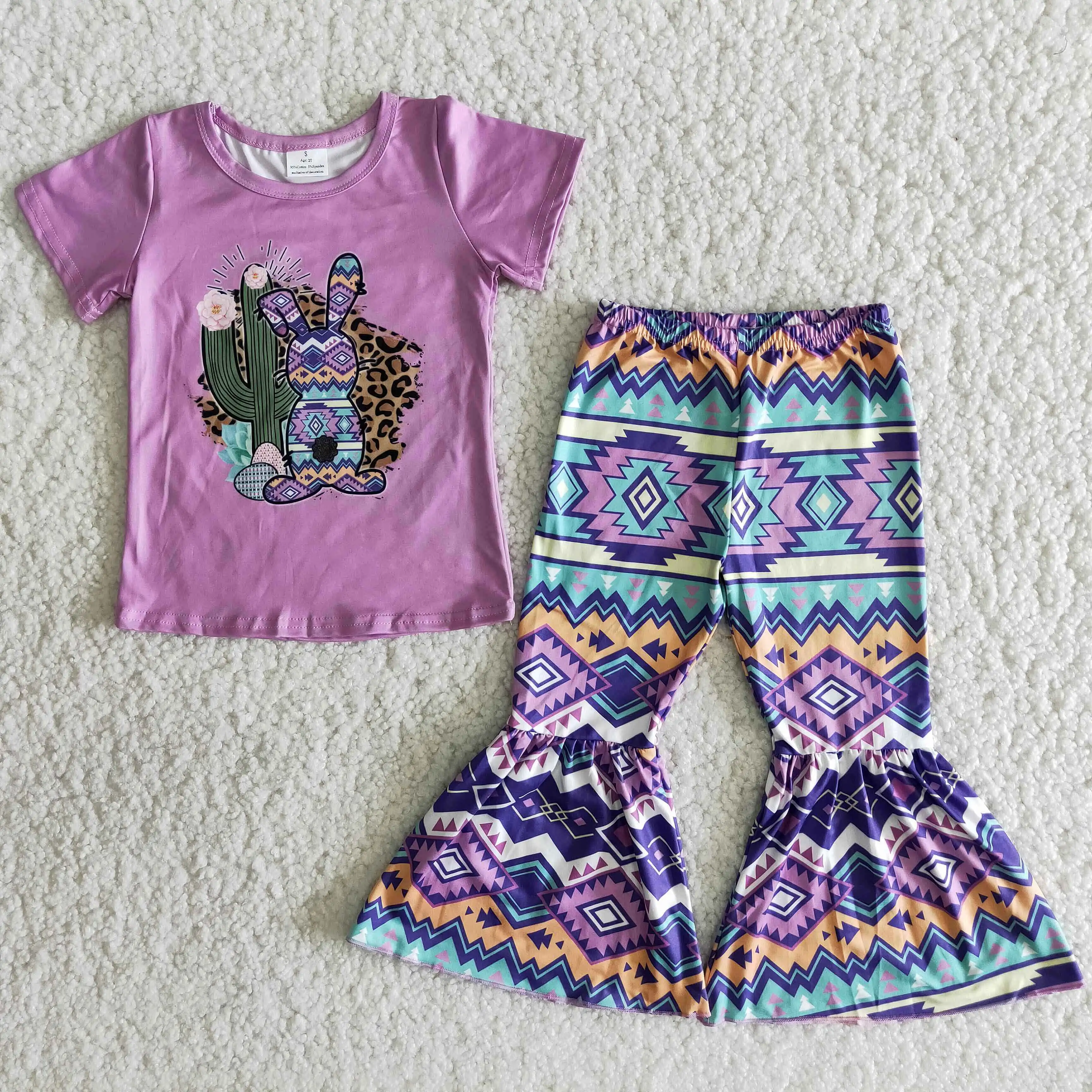 

A Cactus And Bunny Print Purple T-shirt With Bohemian Bell-bottom Pants Little Girl's Clothes