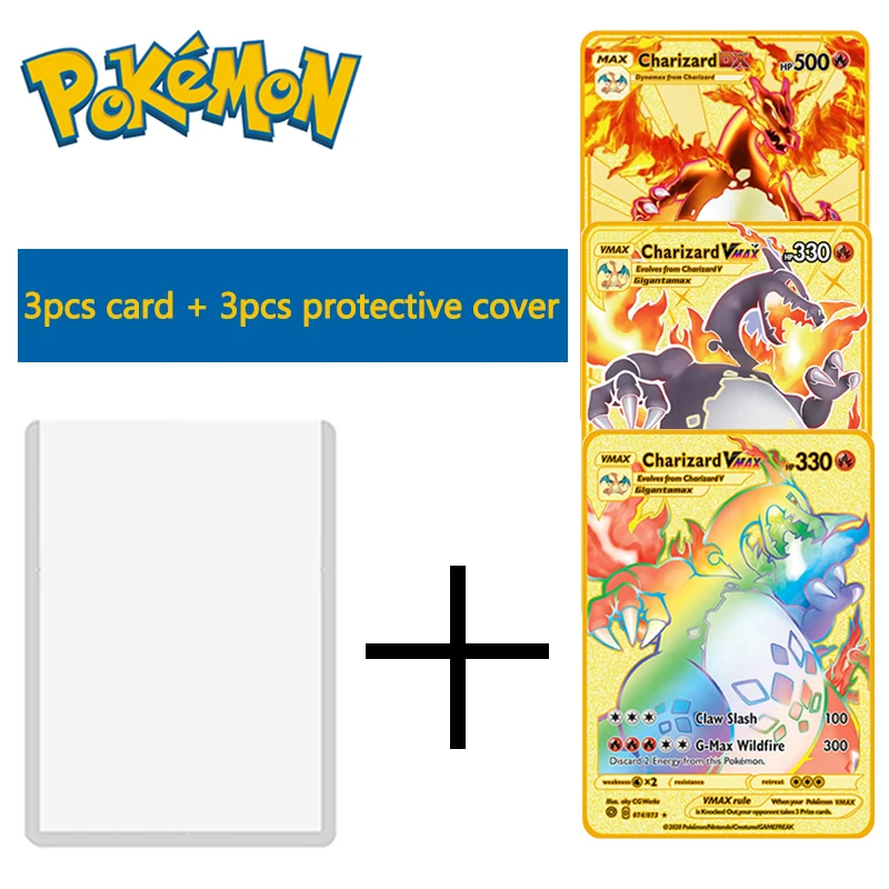 

3 шт./комбинированный набор, металлическая карта Pokemon Vmax Bikachu, коллекционные карты, детские игрушки, ограниченная серия карт + защитный чехол