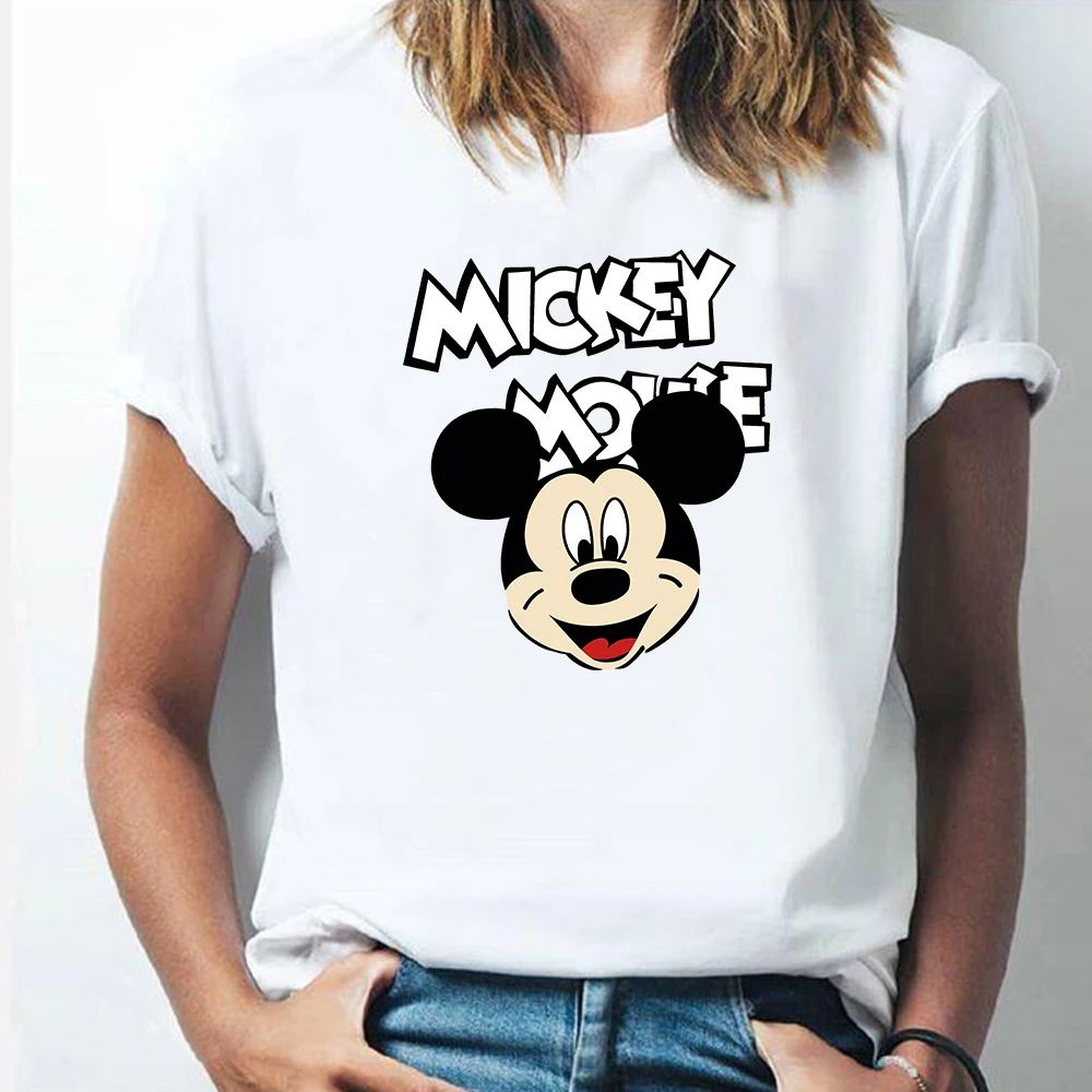 

Mickey Minnie Mouse Clothes Disney Harajuku Style Cartoon Women Loose Large Size Bow Cute Round Neck White Tops Sisters T-Shirt