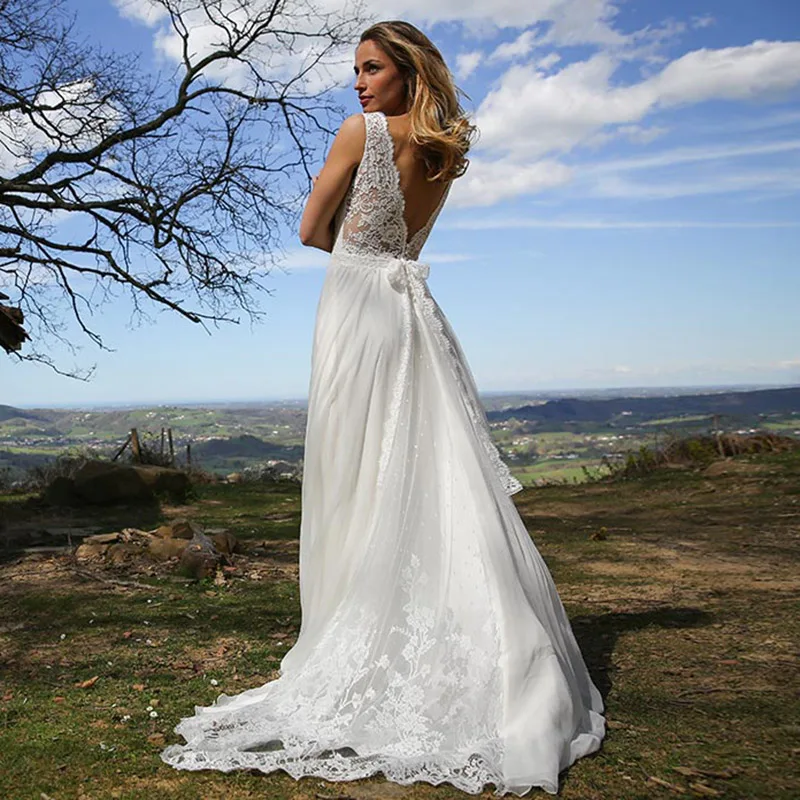 

Eightale Boho Свадебное платье с v-образным вырезом, с аппликацией, с кружевами свадебное платье шифоновое платье с низким вырезом на спине для дев...