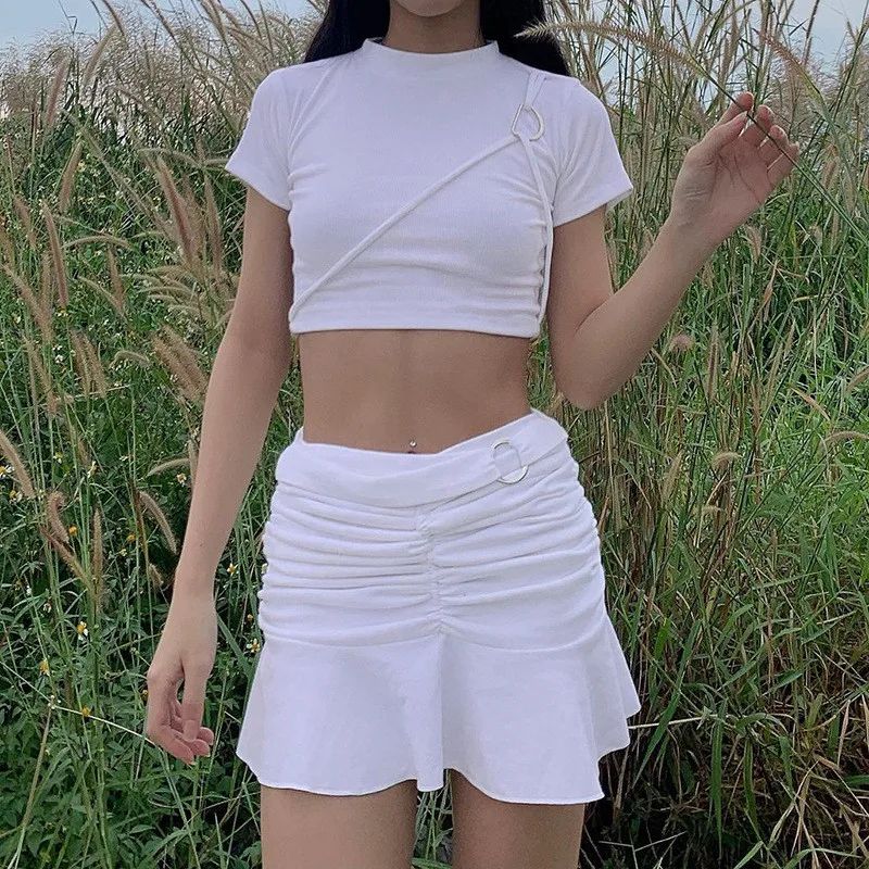 

Women Summer Ruched Skirt, Adults Sexy Solid Color O-ring Mini Skirt (White, Black)