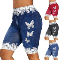 women plus size elastic shorts denim lace patchwork butterfly print bodycon skinny denim for short feminino
