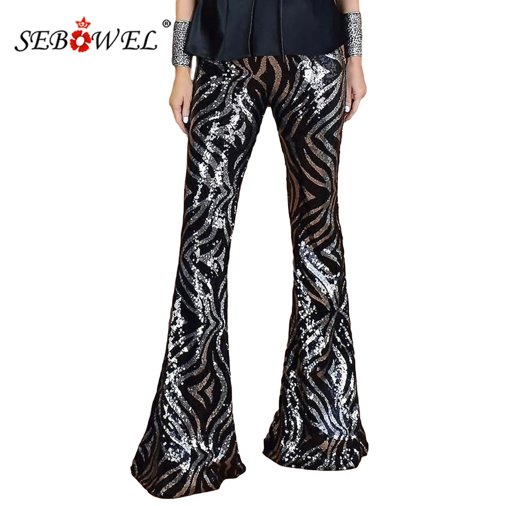 Женские брюки с высокой талией SEBOWEL черные серебристые Вечерние блестящими