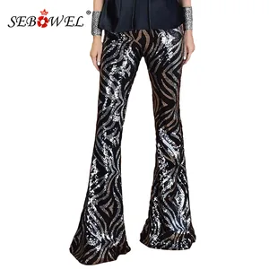 Женские брюки с высокой талией SEBOWEL, черные, серебристые Вечерние брюки с блестящими волнистыми узорами для танцев, эластичные брюки с расклешенным низом