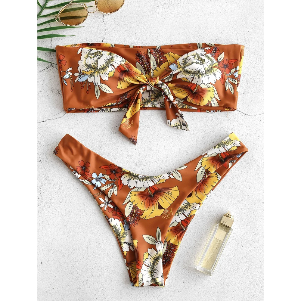 Сексуальный женский брендовый комплект бикини с цветочным принтом без бретелек