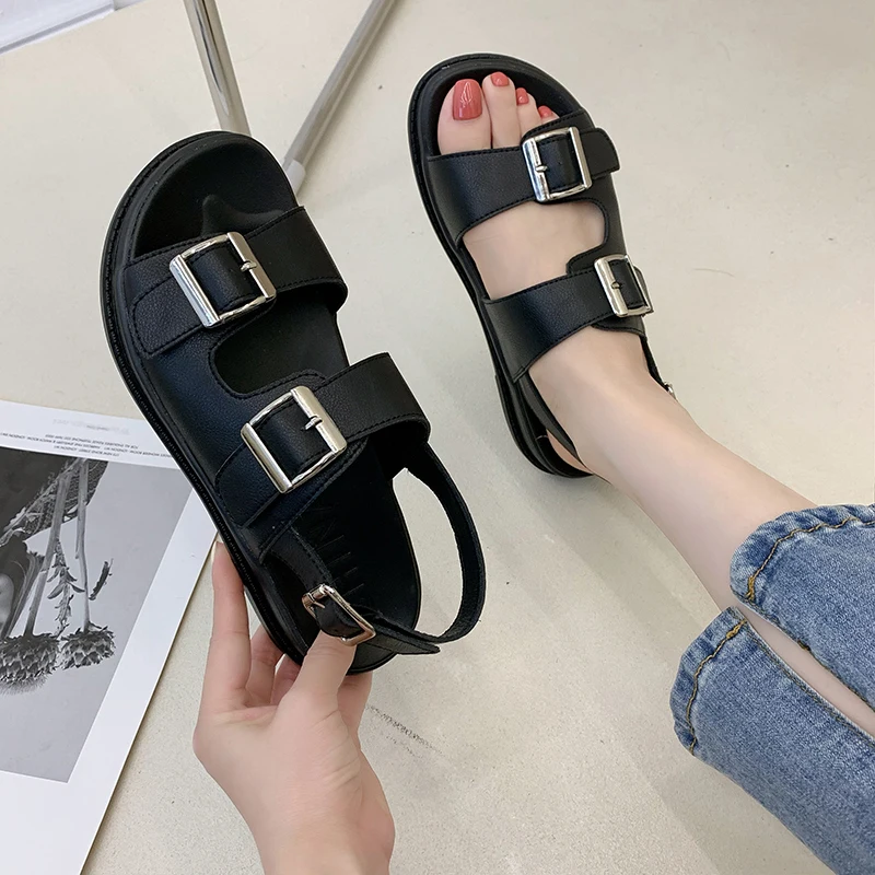 

Women Sandals 2021 Summer Slippers Retro Leather Buckle Strap Platform Flats Shoes Women Slippers Casual Outdoor Beach Slides