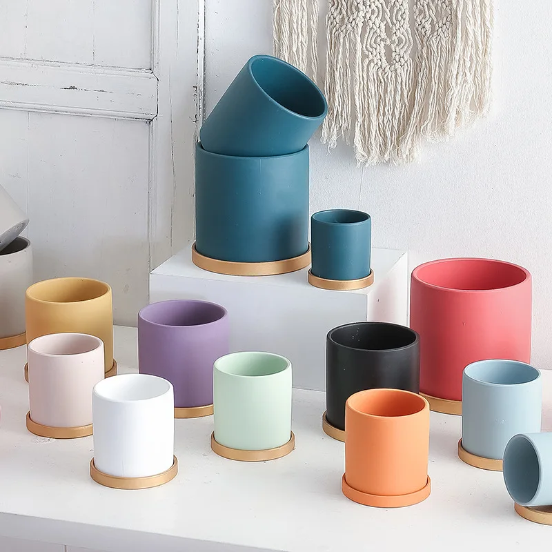 

Nordic Industrial Style Colorful Ceramic Flowerpot Succulent Planter Green Plants Cylindrical Shape Flower Pot With Hole Tray