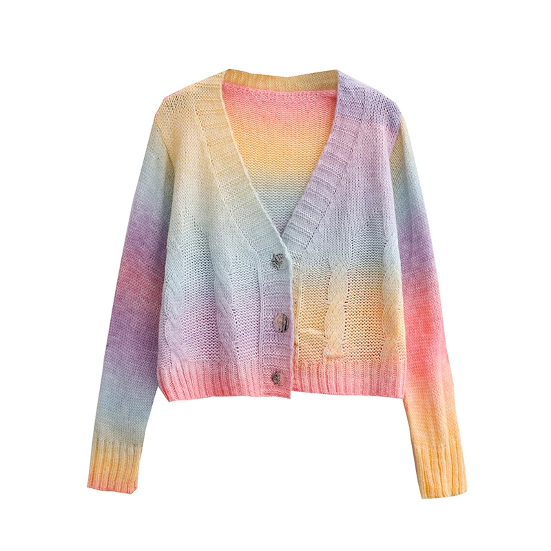 

Rainbow Gradient Color Short Knitted Cardigan Jacket Women's Autumn New V-Neck Single Breasted Sweater 6696