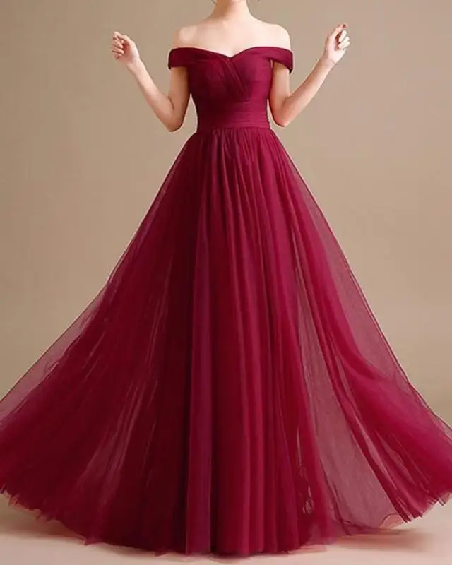 

Off Shoulder Prom Dress 2021 Elegant Burdundy A Line Party Dresses Women Evening Tulle Prom Gown Long with Lace Up Back Vestidos