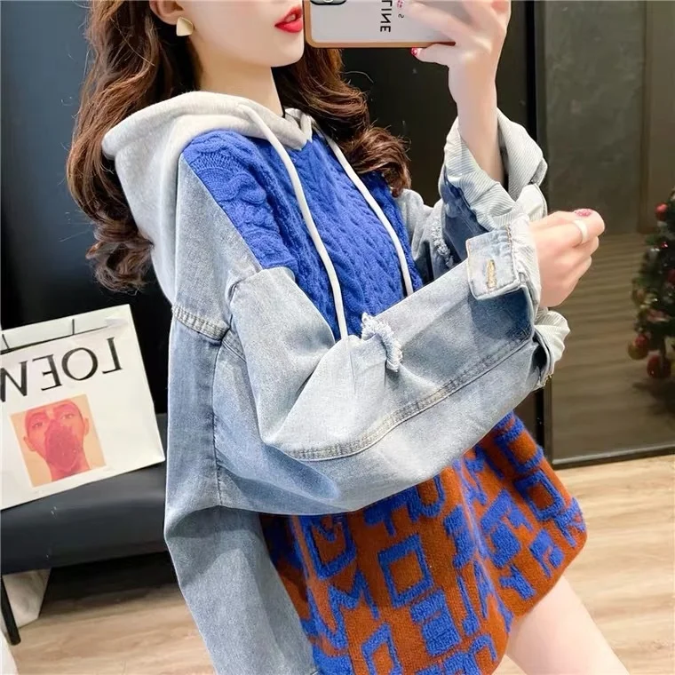 

#1137 Batwing Sleeved Knitted Spliced Denim Hoodies Women Loose Streewear Hoodies For Women Vintage Hoodies Female Outerwear
