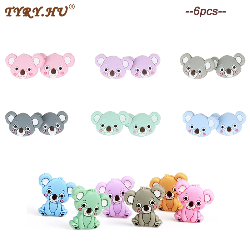 TYRY.HU-Cuentas de Koala de 6 piezas, Clips de chupete de cart&oacute;n, cuentas de silicona de grado alimenticio, varilla peque&ntilde;a, Mini mordedor para beb&eacute;-0