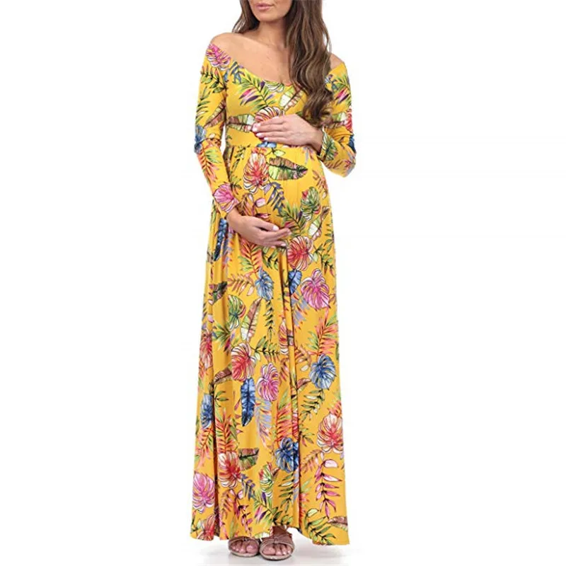 Yellow floral Модное платье для беременных с цветочным принтом; платье для беременных; платье для фотосессии; длинное платье для беременных; одежда для фотосессии для беременных женщин - Цвет: Yellow floral