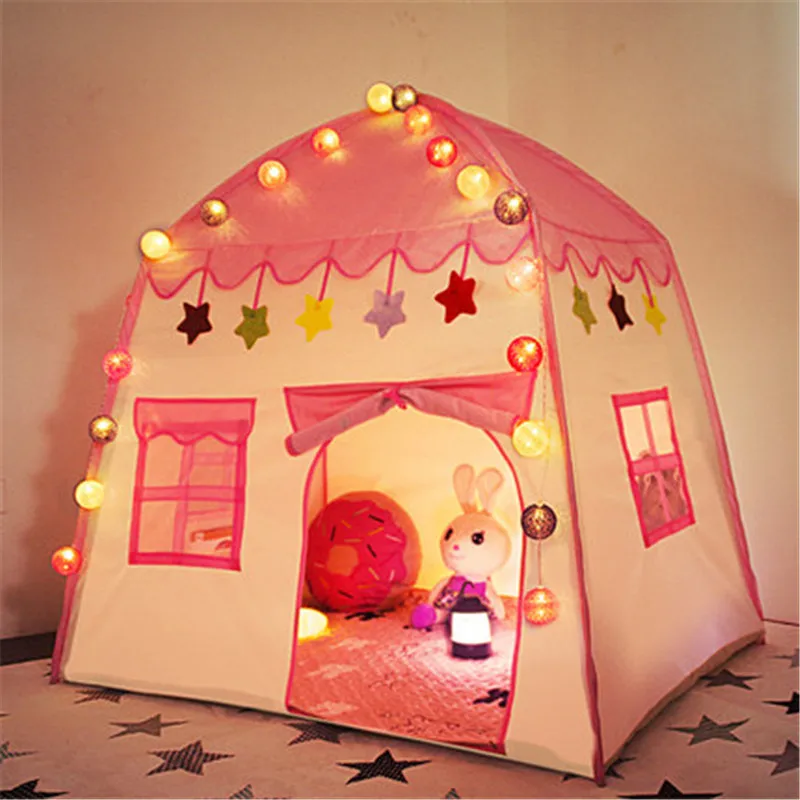 

Kids Indoor Cartoon Pyramid Teepee Tent With Colorful Light Ball Flag Princess Game Toy Playhouse for Girls Home Use Yurt Tents