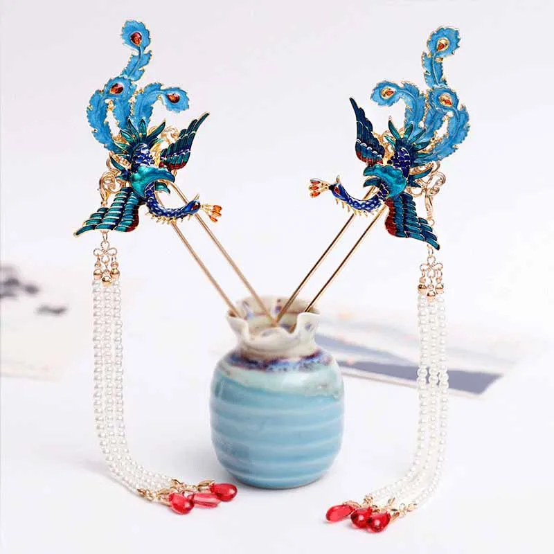 1 Pair Chinese Retro Style Metal Phoenix Hairpins Clips Handmade Hair Stick Bride Hanfu Dress Wedding Hair Accessories FORSEVEN