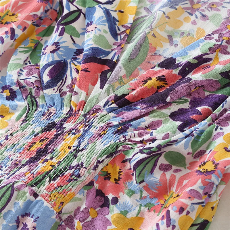 

2020 Za Ruffled Floral Print Summer Dress Women V-neck Puff Sleeve Shirring Waist Asymmetric Hem Elegant Midi Party Dresses