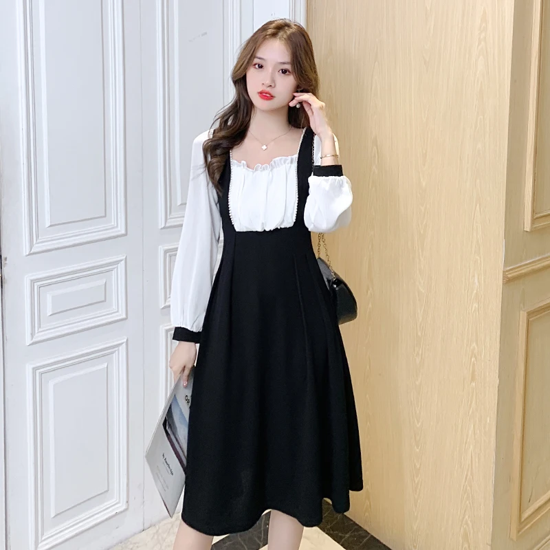 

2021 Autumn Dress Retro Square Collar Black and White Stitching Long Sleeve Chiffon Slim Long Midi Formal Dress