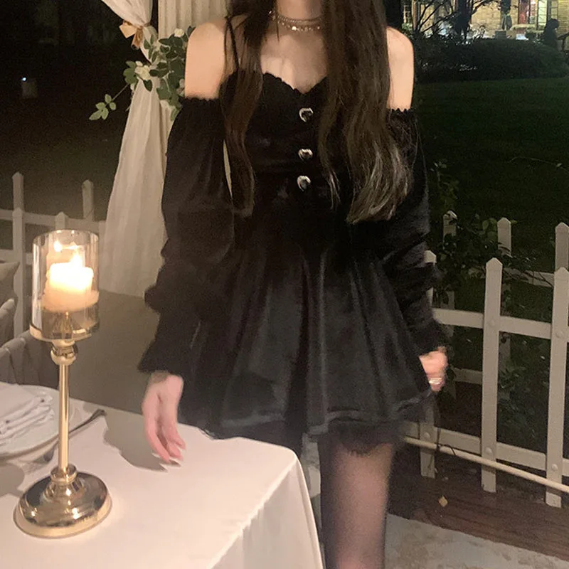 

2022 Spring New Elegant One Piece Gothic Dress Korean Women Vintage Evening Party Velvet Dress Sexy Off Shoulder Mini Goth Dress