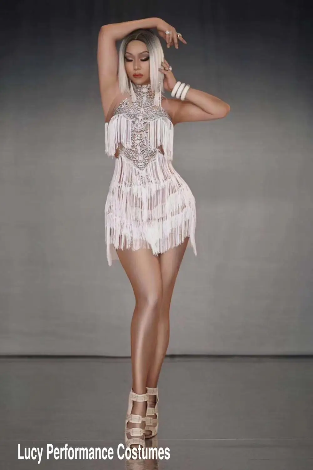 

Женское сексуальное Белое платье с бахромой, Женский облегающий костюм для диджея, сценического костюма, платья для празднования дня рожде...