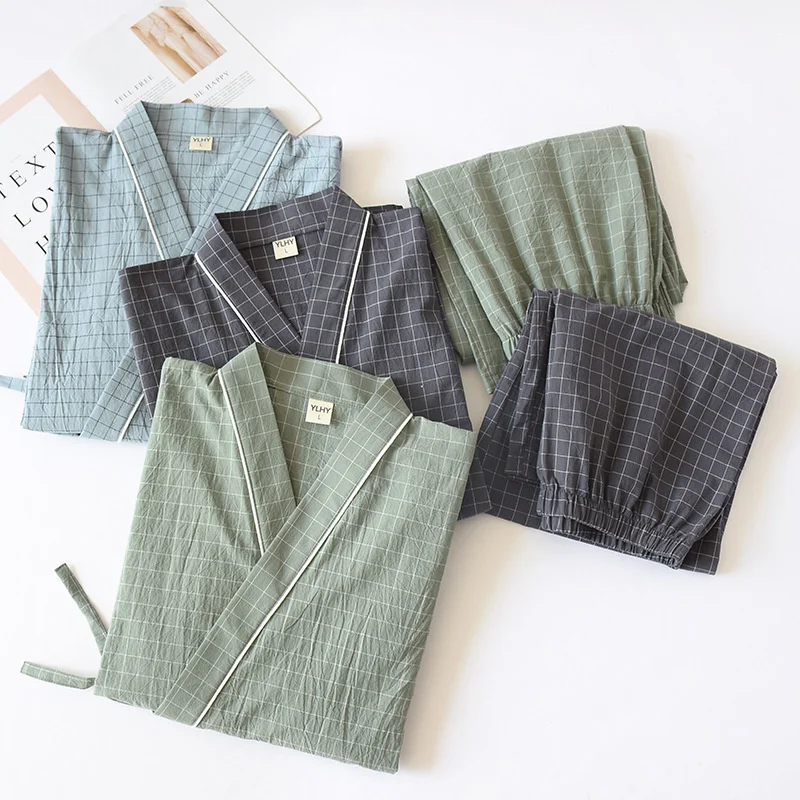 

Japanese Traditional Costumes for Men Solid Color Loose Kimono Pajamas Yukata Suit Soft Cotton Linen Sleepwear Bathrobe Homewear