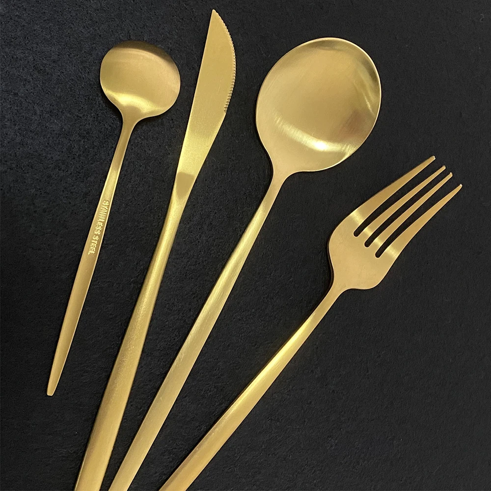 

24Pcs Gold 304 Stainless Spoon Fork Dinnerware Set Flatware Steel Knife Matte White Kitchen Set Cutlery Tableware Silverware Set