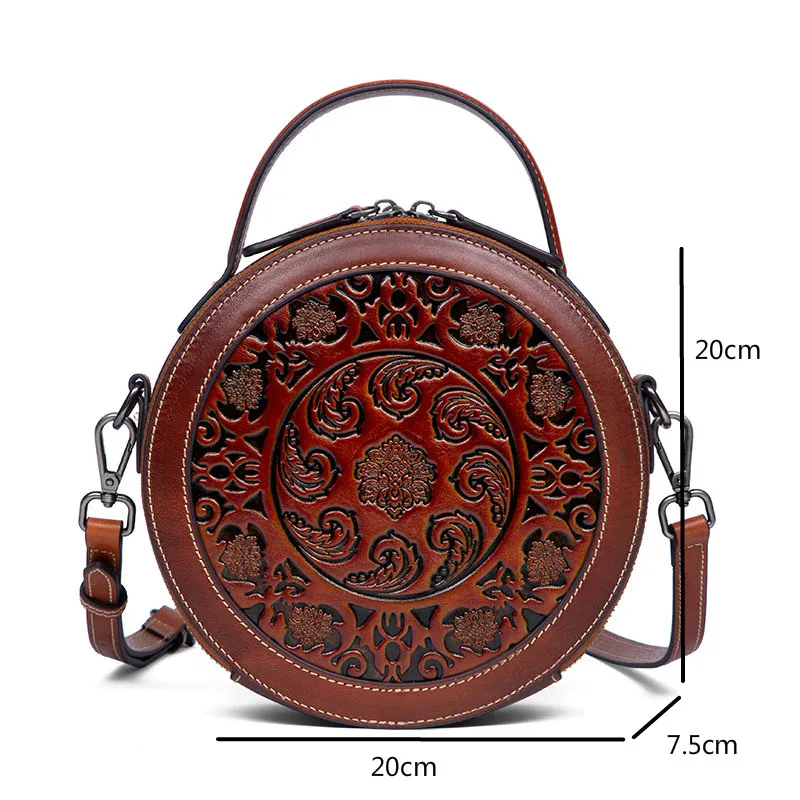 

YourSeason Ladies Retro Circular Small Handbag Cowhide Handmade Womens Carving Craft Casual Shoulder Bags 2021 Genuine Leather