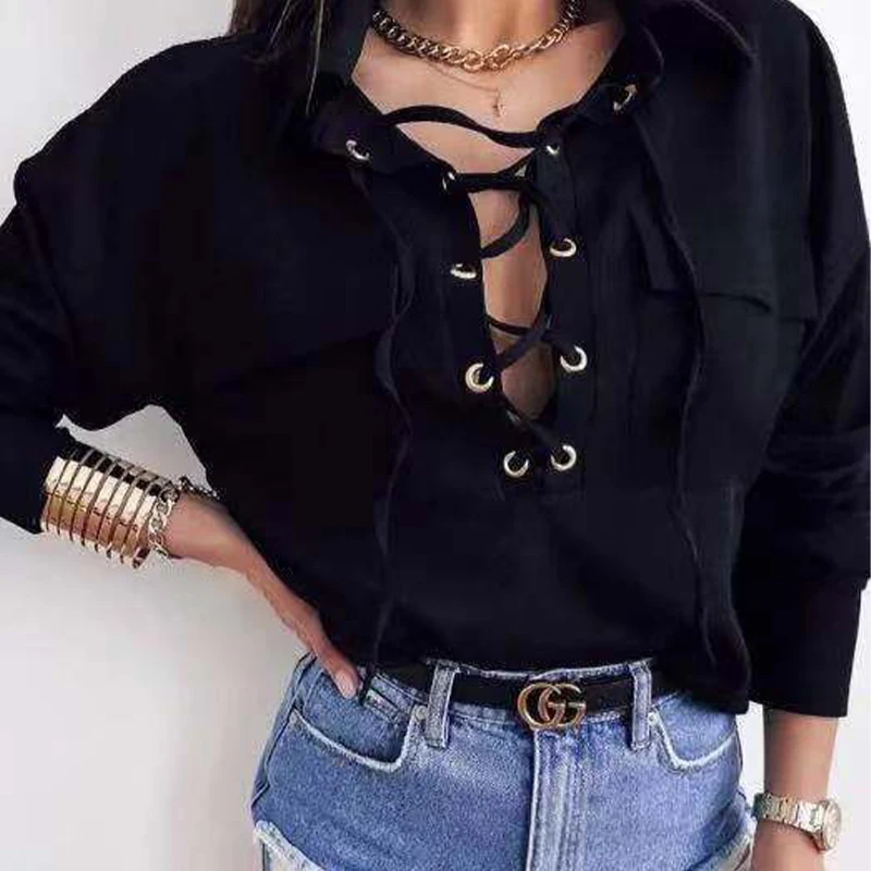 

2021 Sexy Bandage Hollow Out V Neck Tops Elegant Solid Design Long Sleeve Blouse Shirt Fashion Cool Women Casual Blusas Pullover