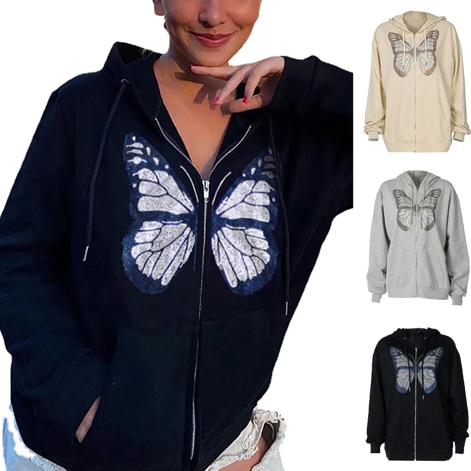 

Ladies Early Autumn Fashion Casual Loose Y2k Gothic Butterfly Printed Long Sleeve Jacket Hooded Jacket 2021 New Abrigo De Mujer