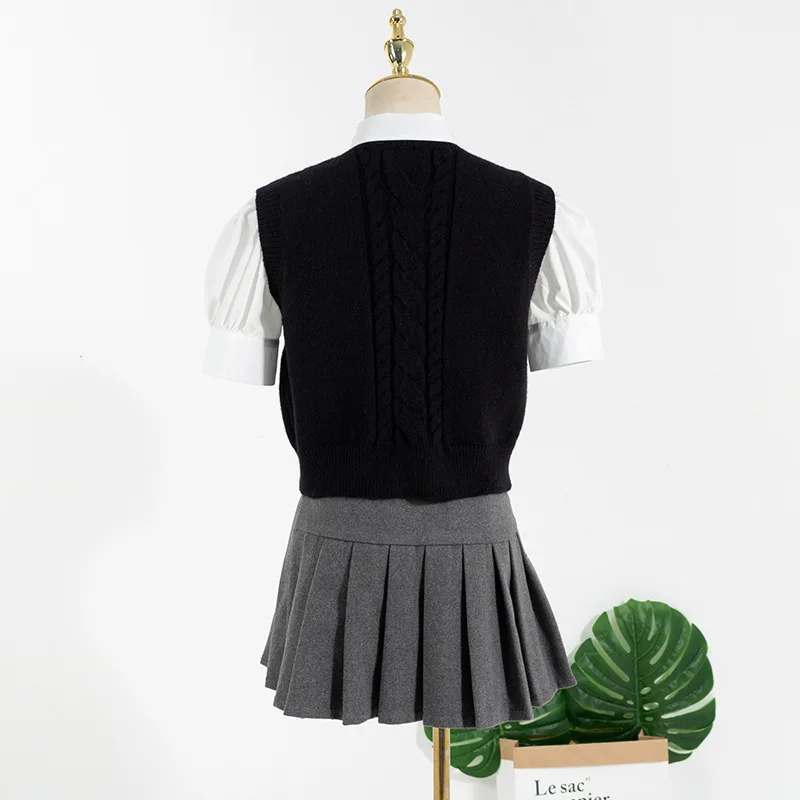 

Kpop Korean Celebrity ROSE College Style Sweet White Shirt Black Knit Vest And Sexy High Waist Mini Pleated Skirt Women Outfits