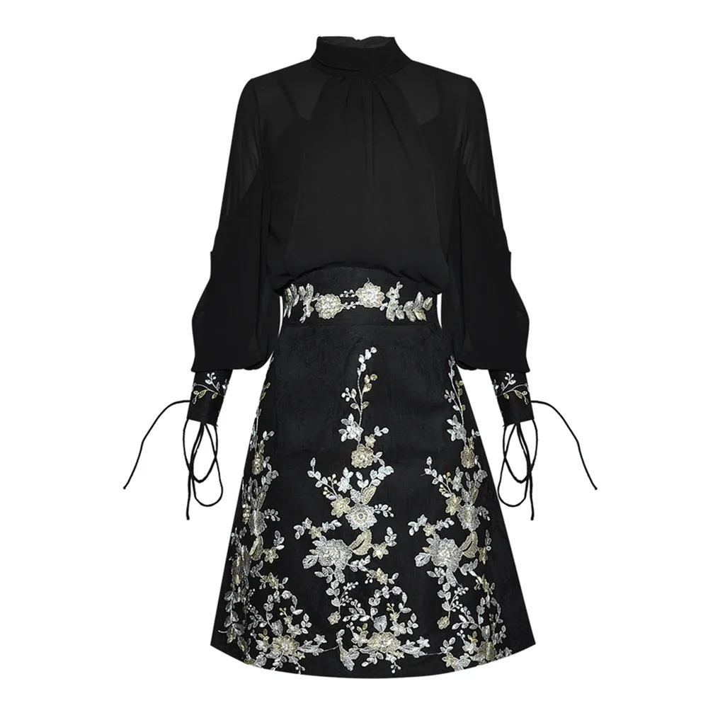 

2021 SPRING PUFF-SLEEVE FLORAL EMBROIDERED BLOUSE & SKIRT SET