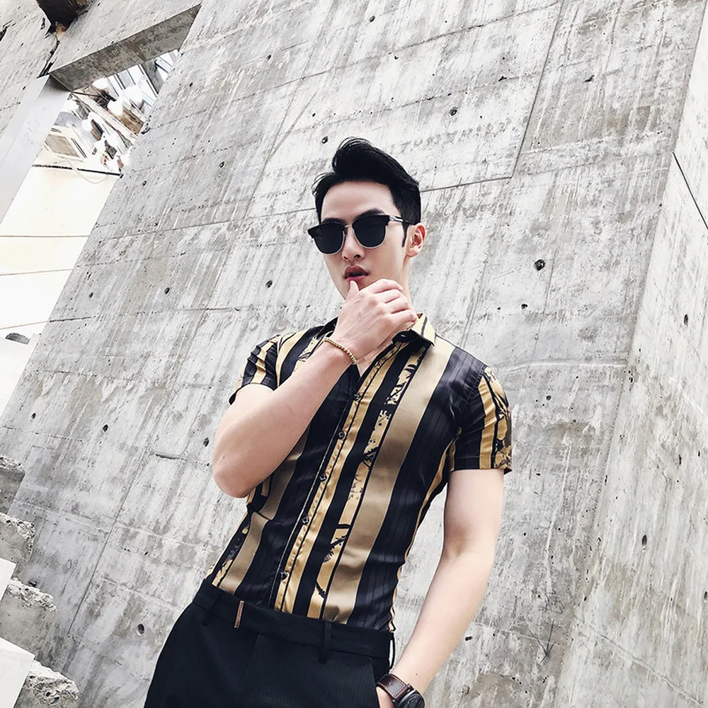 

Luxury Gold Black Shirt 2019 Summer Short Sleeve Fashion Designer Party Club Prom Party Shirt Stylish youth Slim Tops For Men