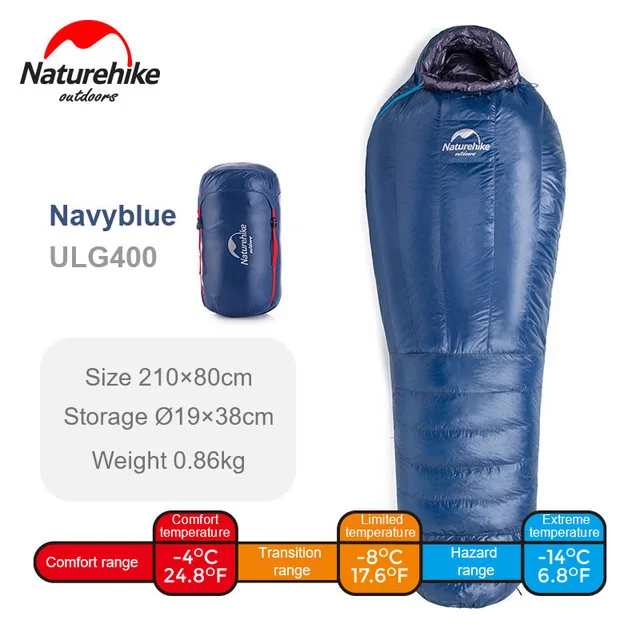 400g Naturehike 800FP спальный мешок на гусином пуху для взрослых, зимний открытый кемпинг, холодная погода-4℃/-10℃/-15℃ - Цвет: 400g