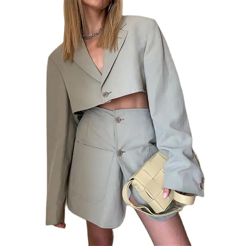 

Пикантный пиджак на одной пуговице, комплект для женщин, весна 2021, топ с V-образным вырезом и длинным рукавом, асимметричная юбка, костюм, офи...