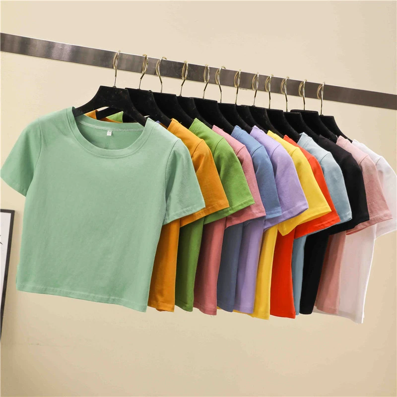 

13 colors Crop Top T-Shirt Female Solid O-Neck Short Sleeve T-shirts for Women High Waist Slim Short Sport Blanc Femme T-Shirt