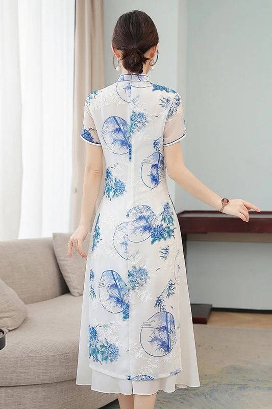 

COIGARSAM 4XL Plus Size Cheongsam Short Sleeve Women dress New Summer Vintage Loose Dresses White 6865