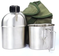 3pcsset portable canteen cup stainless steel military canteen kit with lid green cover camping hiking picnic accessorie