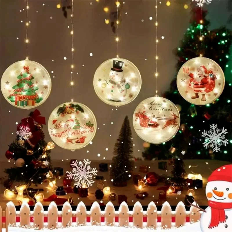 

Christmas Round Wall Sticker Shop Garland Curtain String Light Festoon Snowflake Hut for Shop Home Wall Glass Window Decorative