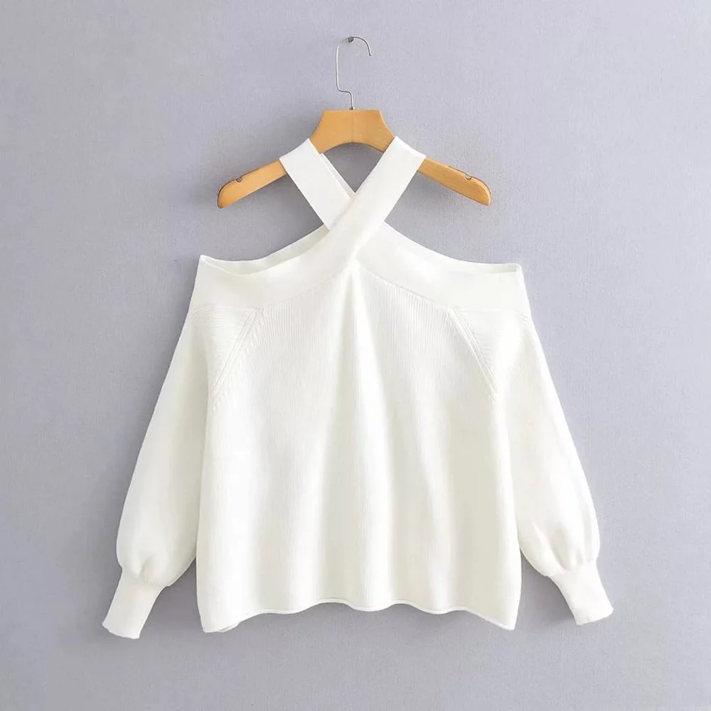 

Oversize women cross halter sweaters 2020 spring fashion ladies elegant knitted pullovers female knitwear soft girls chic tops