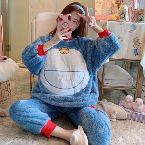 

New Autumn Winter Women's Sleep Lounge Cartoon Doraemon Oversized Sleep Tops Kawaii Sweet Pajamas