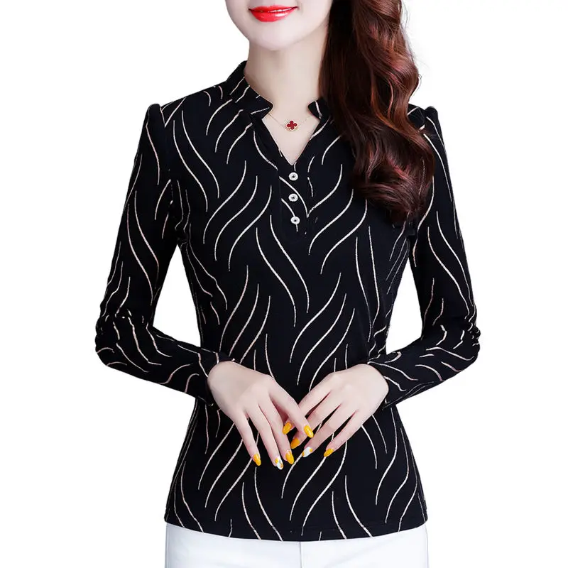 

New Women's Spring Autumn Elegant V-Neck Striped Blouses Fashion Women's Slim Long Sleeve Casual Tops