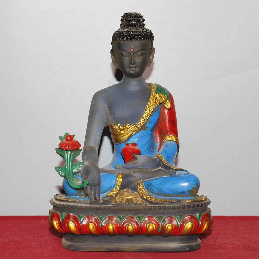 

9"Chinese Folk Collection Old Colored glaze Painted Medicine Buddha Sakyamuni Sitting Buddha Enshrine the Buddha Ornaments