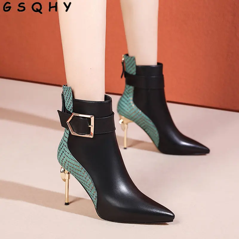 

Women Shoes Designer Pointed Toe Stiletto Shoes Luxury Gemstone Crystal Matching Back Zipper Fashion Temperament Short Boots