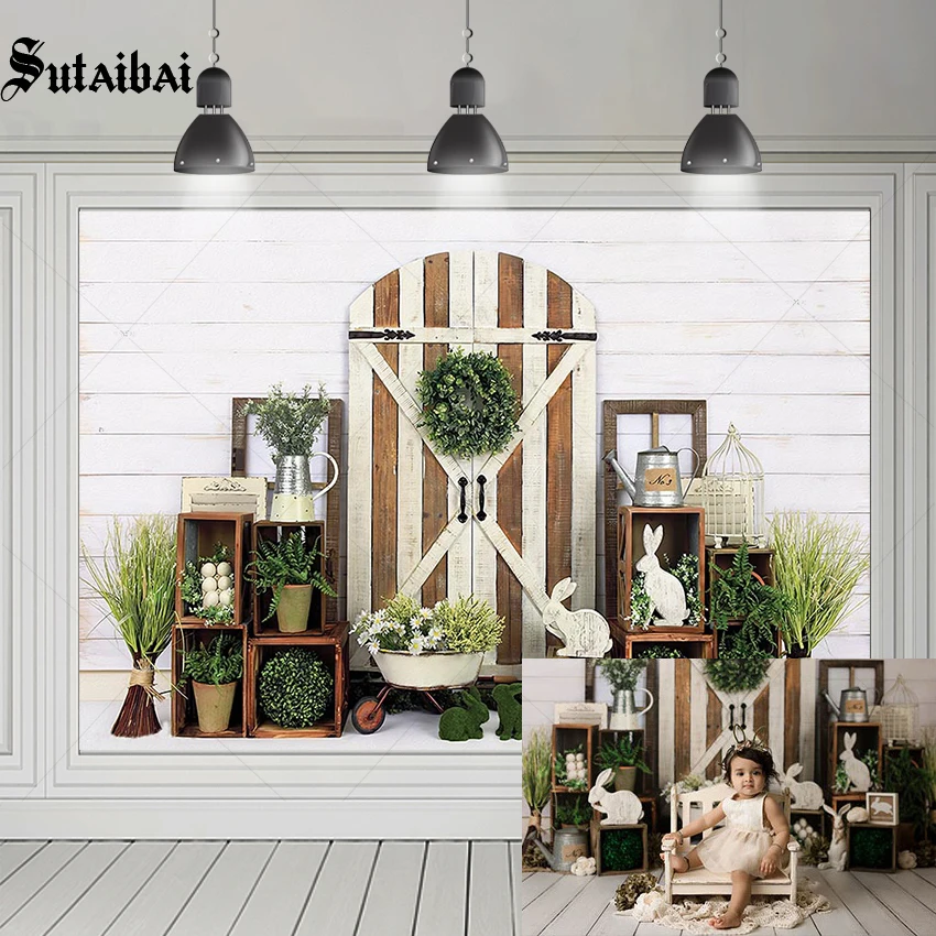 

Easter Photography Backgrounds Wooden Board Wall Green Plant Rabbit Easter Eggs Children Portrait Photo Backdrops Studio Props