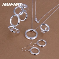 925 silver fashion round circle necklace open cuff braceletbangle ring drop earrings set for women wedding jewelry