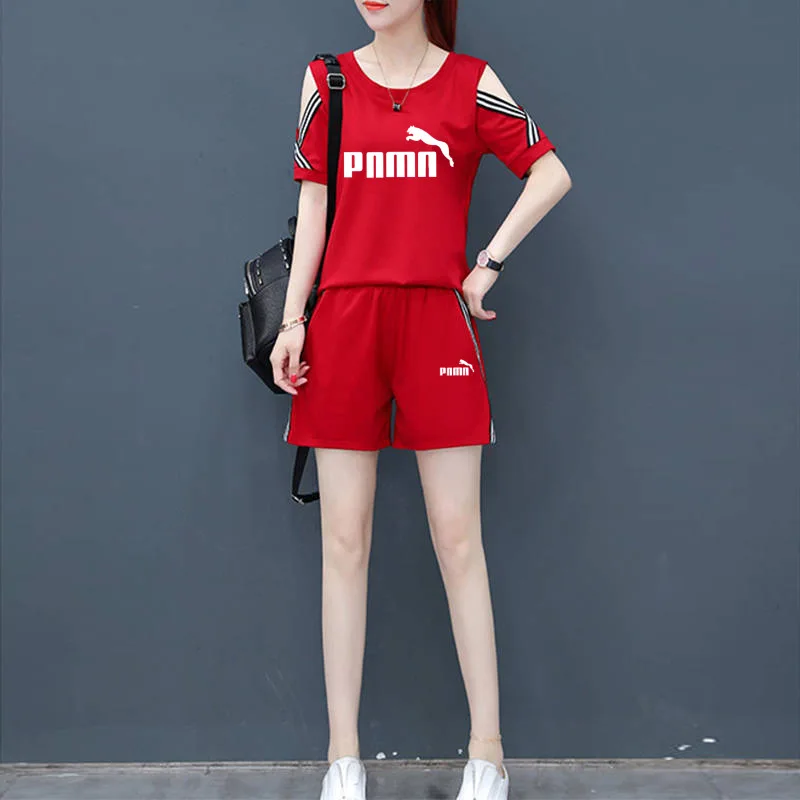 

SONDR 2021New Women's Fashion New Summer Short Sleeve Open Shoulder T-Shirt + Shorts Casual Two Piece Sportswear