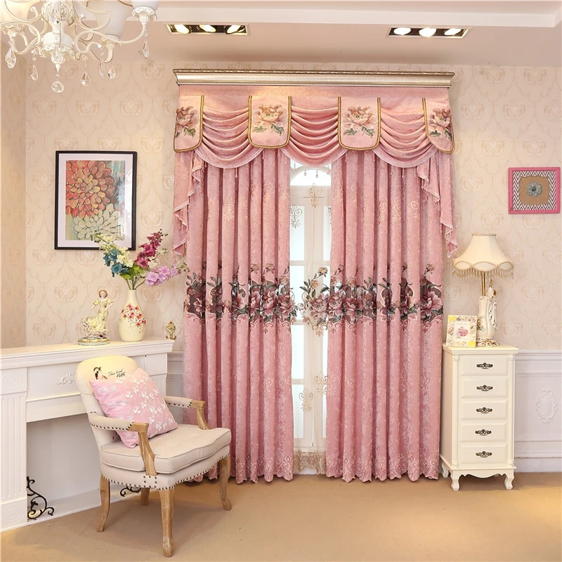 

New European and American Chenille pink embroidery high-end blackout curtains for bedroom, living room, kitchen and hotel