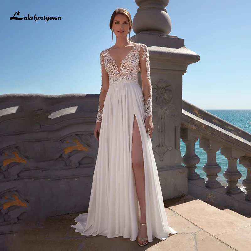 

Sexy Boho Wedding Dress 2021 V-Neck Long Sleeve A-Line Chiffon Lace Appliques Simple Bohemian Bridal Gowns robe de mariee